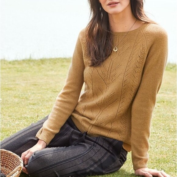 Garnet Hill - Women's 100% Cashmere Pointelle Crewneck in Mustard Yellow, Large - Picture 1 of 9